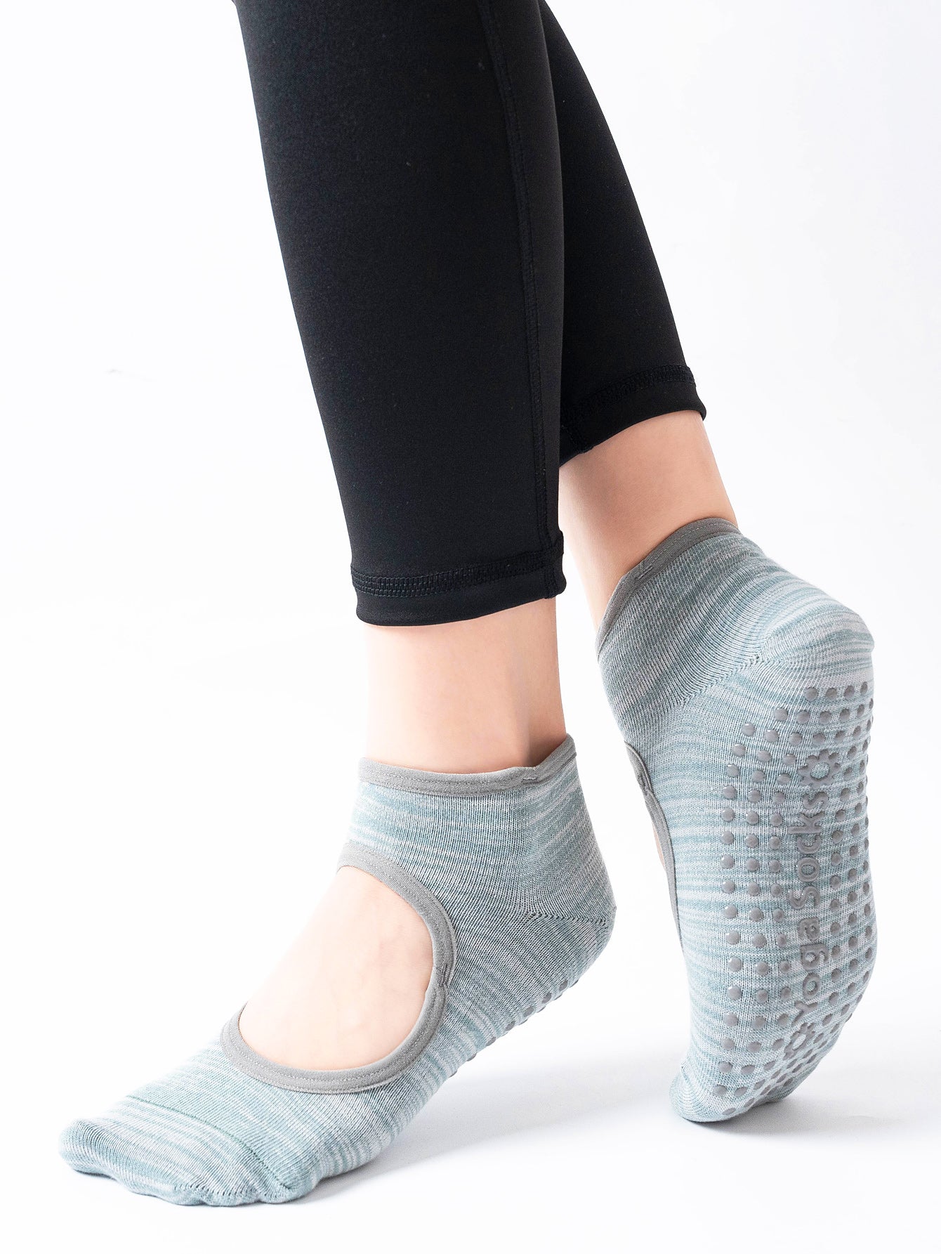【Yoga Socks】E3绿灰-女士段色圆头瑜伽普拉提运动袜