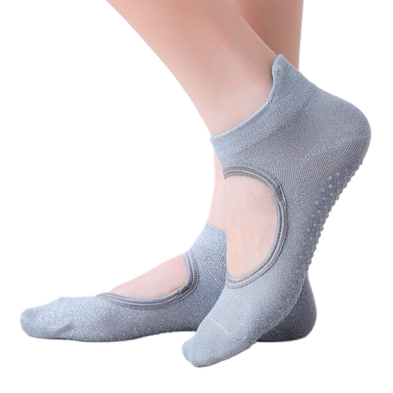 【Yoga Socks】B1灰色-女士银丝圆头瑜伽普拉提运动袜