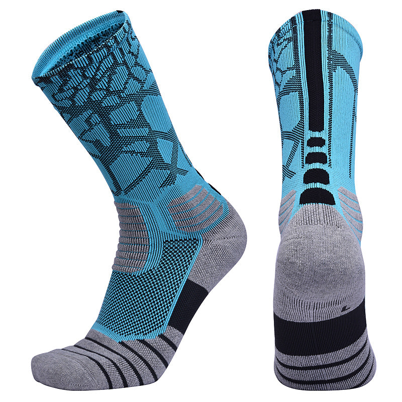 【Basketball Socks】D1浅蓝黑-男士毛圈长筒篮球运动袜