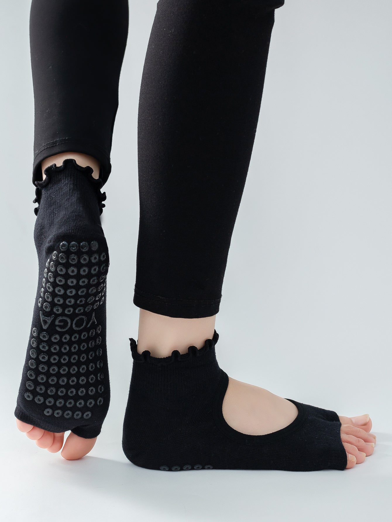 【Yoga Socks】O3黑色-女士木耳边二指瑜伽普拉提运动袜