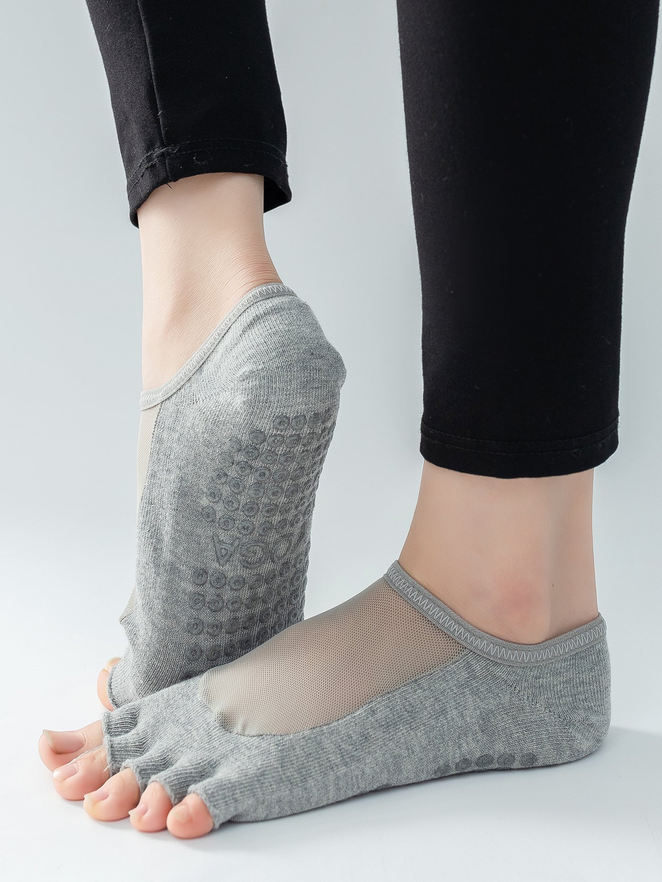 【Yoga Socks】T5浅麻灰-女士网纱半趾瑜伽普拉提运动袜