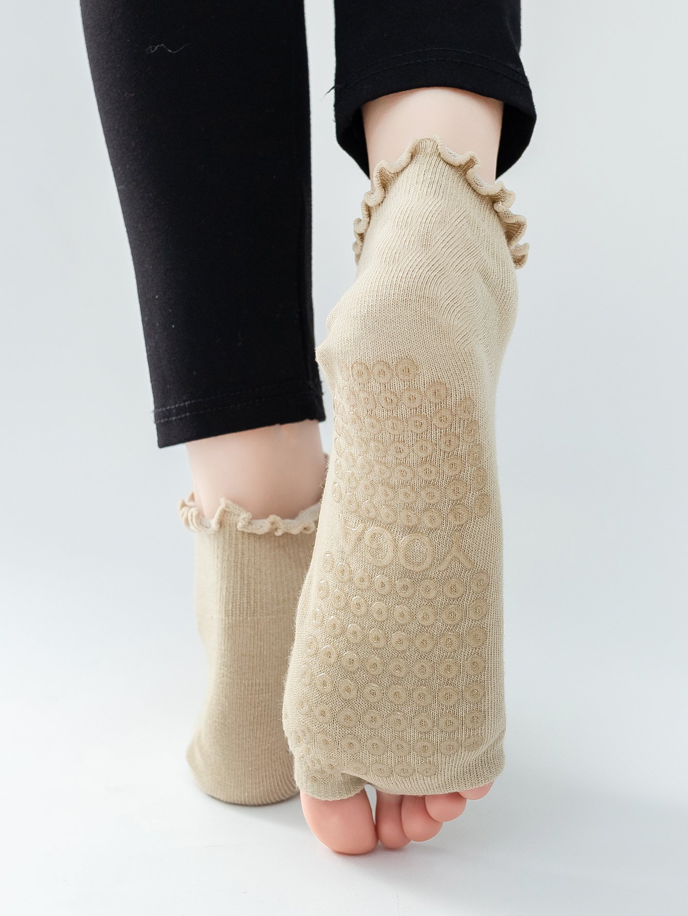【Yoga Socks】O3米色-女士木耳边二指瑜伽普拉提运动袜