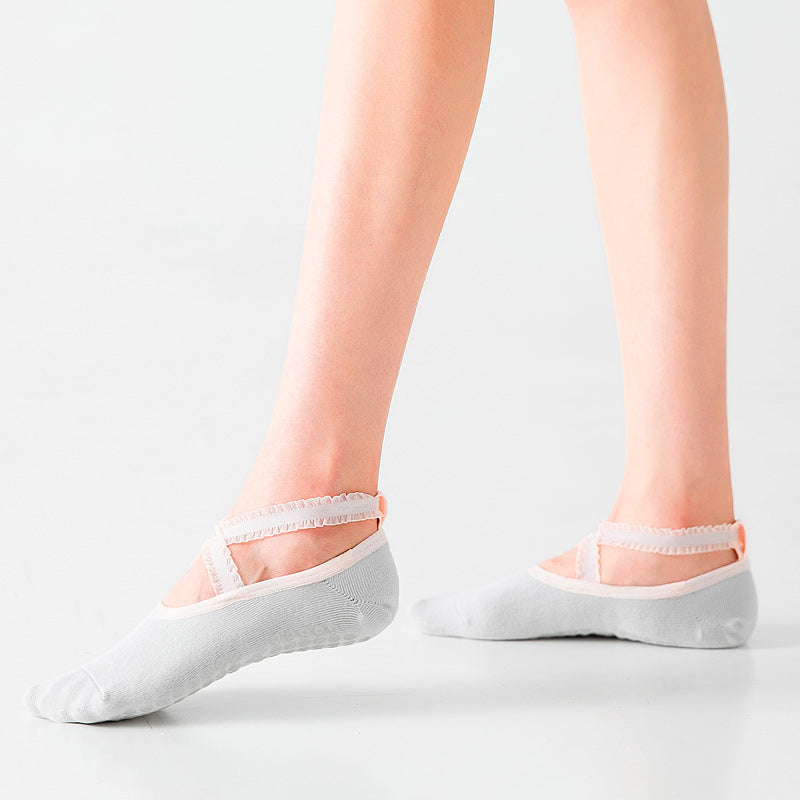 【Yoga Socks】R1浅灰-女士花边圆头瑜伽普拉提运动袜