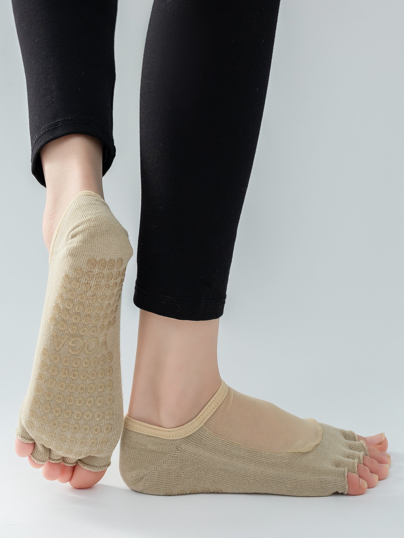 【Yoga Socks】T5米色-女士网纱半趾瑜伽普拉提运动袜