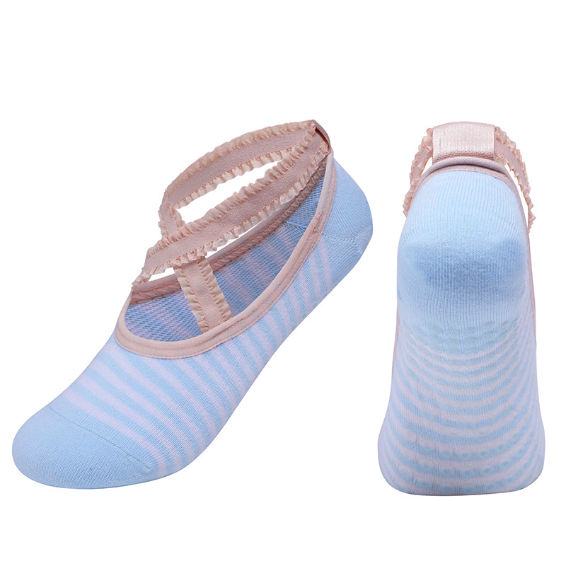 【Yoga Socks】R2浅蓝-女士花边条纹圆头瑜伽普拉提运动袜