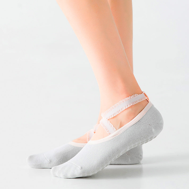 【Yoga Socks】R1浅灰-女士花边圆头瑜伽普拉提运动袜