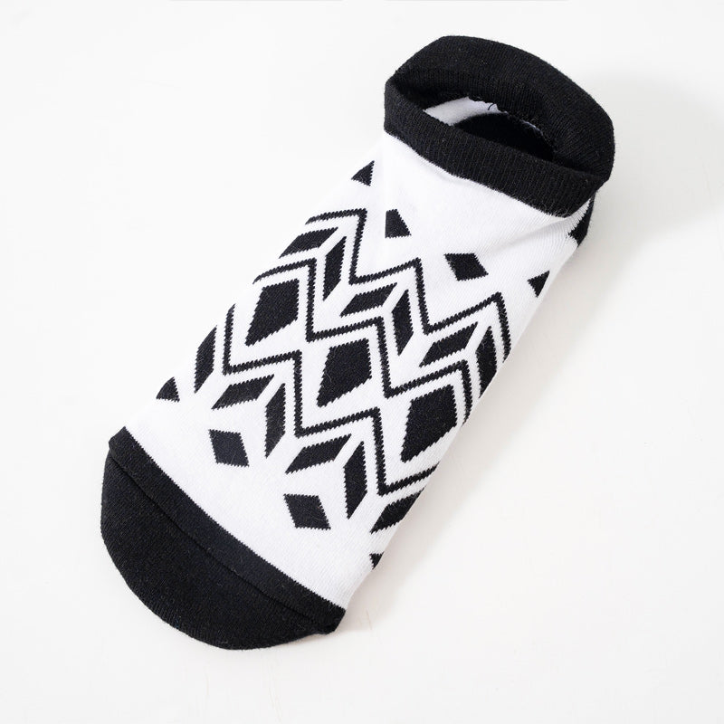 【Yoga Socks】D13黑白-女士提花毛圈圆头瑜伽普拉提运动袜
