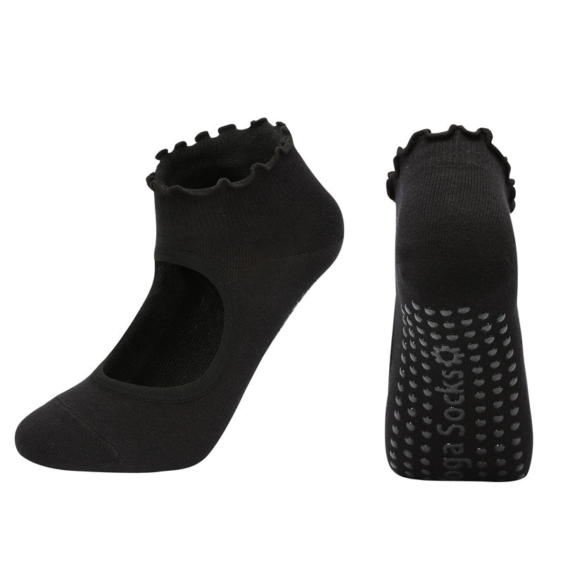 【Yoga Socks】O1黑色-女士木耳边圆头瑜伽普拉提运动袜