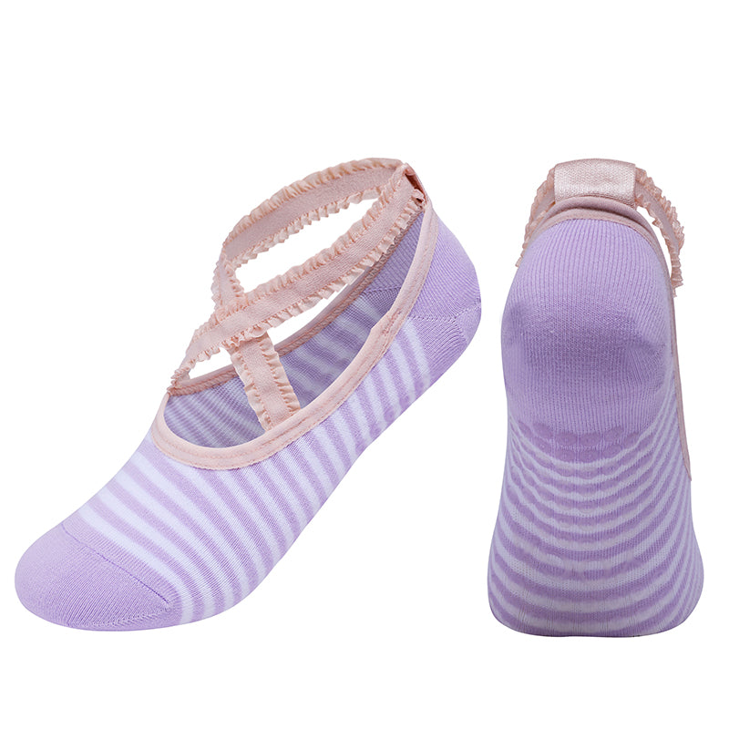 【Yoga Socks】R2浅紫-女士花边条纹圆头瑜伽普拉提运动袜
