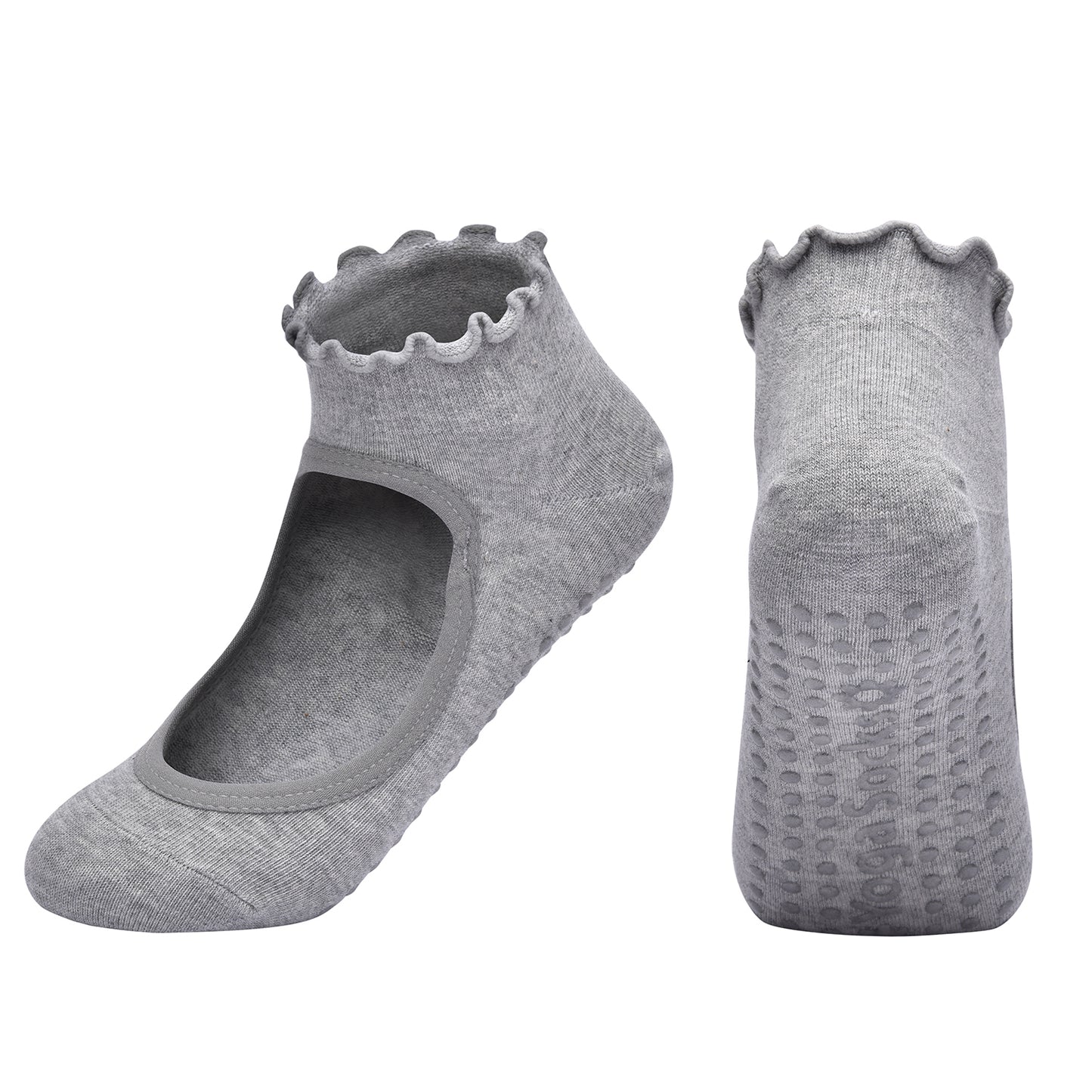 【Yoga Socks】O1浅麻灰-女士木耳边圆头瑜伽普拉提运动袜
