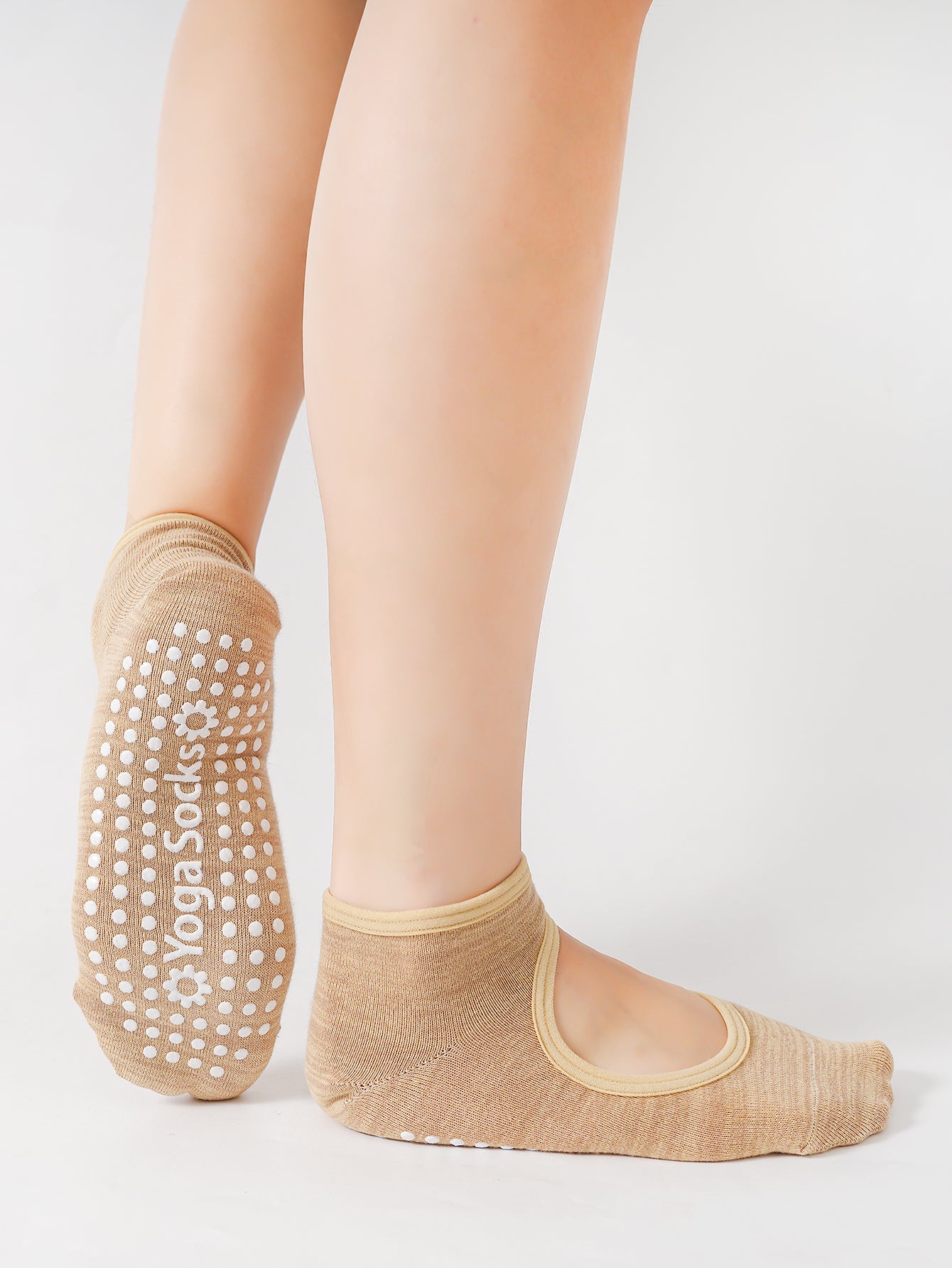 【Yoga Socks】E4米色-女士段色圆头瑜伽普拉提运动袜